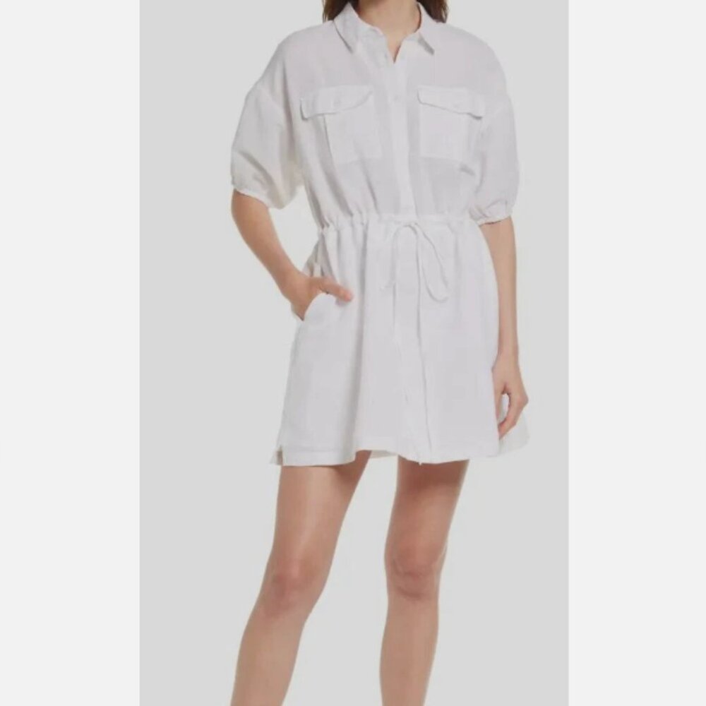 French Connection Women White Ahia Tie Waist Linen Shirtdress Size S